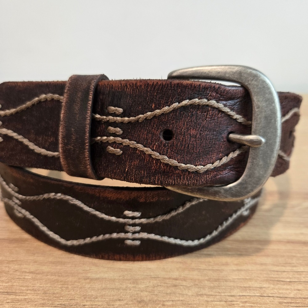 REI Mens Brown Leather Belt XL Wavy Contrast Stitch Distressed‎ Western Grunge